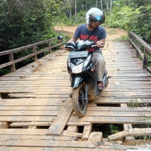 Seorang-warga-ketika-melintasi-jembatan-Sungai-Sebaju-yang-sudah-banyak-berlubang-pada-bagian-lantainya
